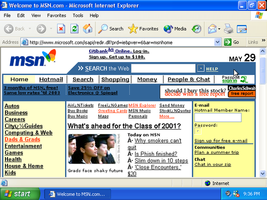 MSN.com homepage on Microsoft Internet Explorer with various elements displayed.