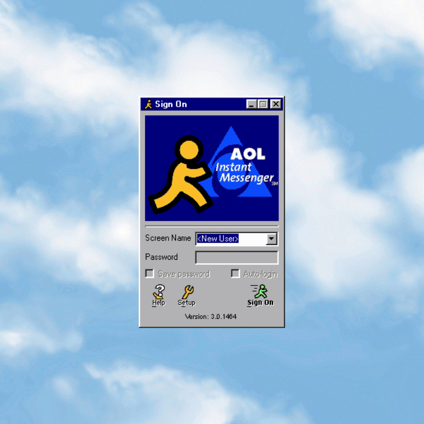 AOL Instant Messenger sign-on window with a blue sky background