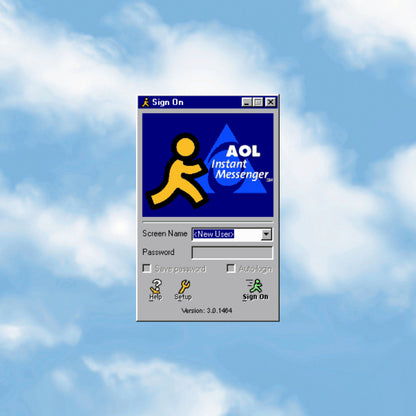 AOL Instant Messenger sign-on window with a blue sky background
