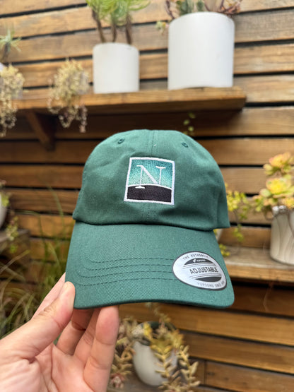 Green Dad Hat with Netscape Logo in the middle of the front hat, behind a wall of green plants
