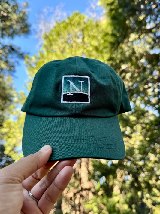 A dark green baseball cap dad hat with a white embroidered Netscape 'N' logo inside a square on the front, gradient background held up by a hand against a background of green trees and blue sky.
