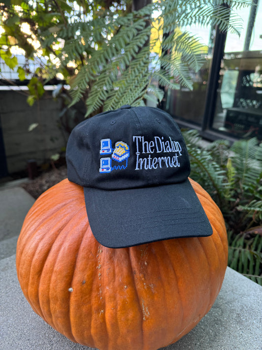 Black cap with 'The Dialup Internet' text on a pumpkin outdoors.