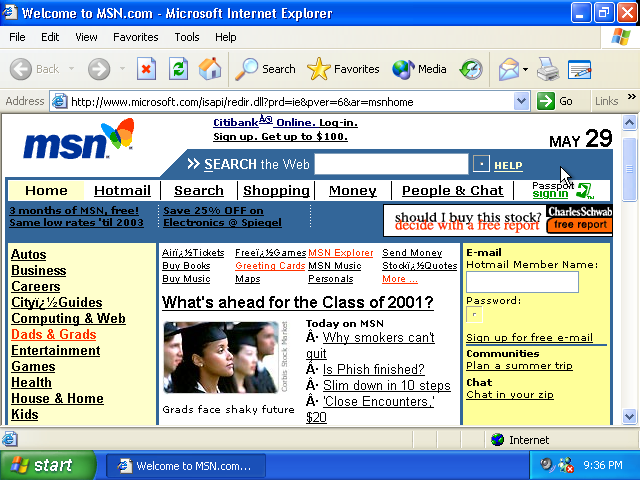 MSN.com homepage on Microsoft Internet Explorer with various elements displayed.