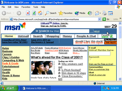 MSN.com homepage on Microsoft Internet Explorer with various elements displayed.